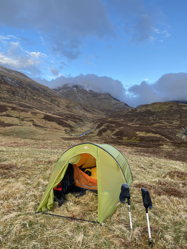 Wild camping in Gleann Dubh with Connival behind while backpacking the Cape Wrath Trail
