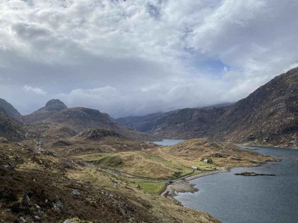 Looking back at Stac of Glencoul and Glencoul Bothy