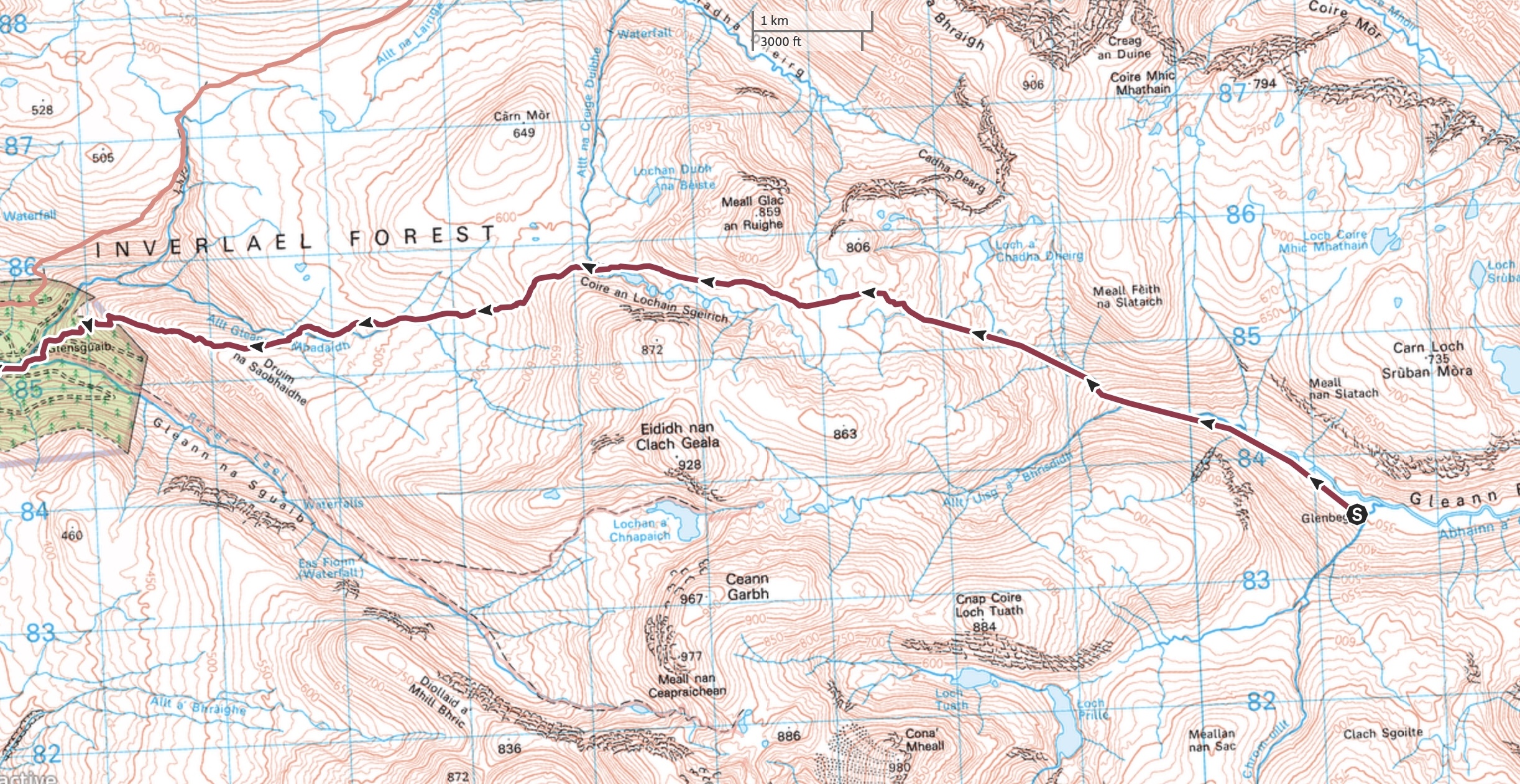 A rough route shown on a map of the route taken